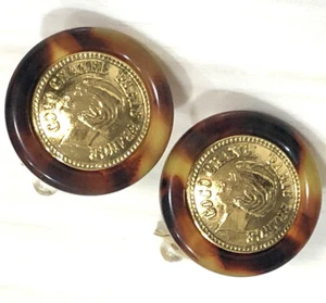 CHANEL Brown Lucite Round Coin Clip-On Earrings Gold Tone 97P Auth - Picture 1 of 10
