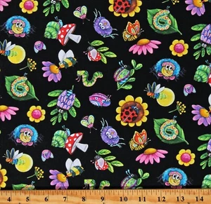 Cotton Insects Bugs Ladybugs Bees Flowers Mushrooms Fabric Print by Yard D586.63 - Picture 1 of 1