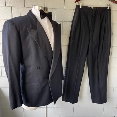 30s Vintage Black 4-Button 2-Piece Mens Peak Collar Tuxedo with Faille Lapel 42 - Image 1 of 4