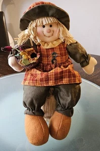 Halloween/Fall Straw Scarecrow Doll Sitting On A Hay Bale Holding Harvest Basket - Picture 1 of 2