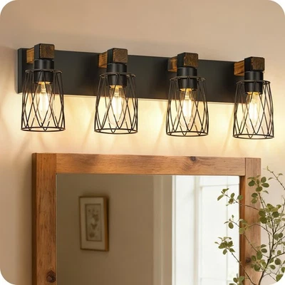 Lámpara de tocador de baño industrial para granja, 4 luces de madera y metal... Foto 1 de 4