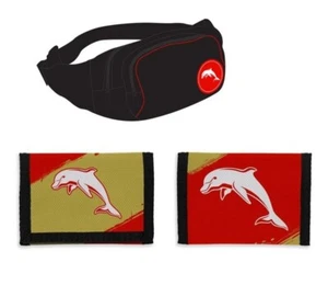 SET OF 2 DOLPHINS NRL TEAM LOGO WAIST BAG BUMBAG & NYLON UNISEX SPORTS WALLET - Picture 1 of 3