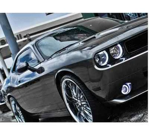 Round LED Halo Angel White Headlight and Fog Lights Combo Fits Dodge Challenger - Foto 1 di 9