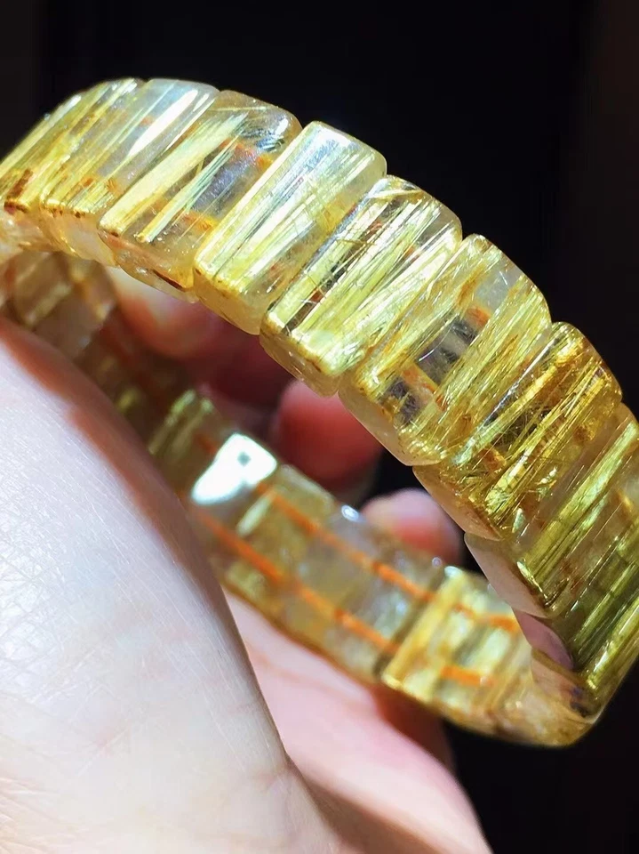Natural Gold Rutilated Titanium Quartz Rectangle Beads Bracelet 15x8.5mm AAAA - Image 1 of 1