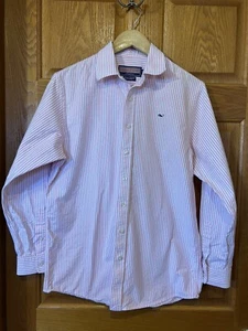 BB37 Vineyard Vines Pink & White Stripe Button Up Whale Dress Shirt Boys Large - Picture 1 of 4