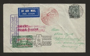1934 GREAT BRITAIN rocket mail cover to GERMANY - SUSSEX DOWNS - green - EZ 2C1 - Picture 1 of 2