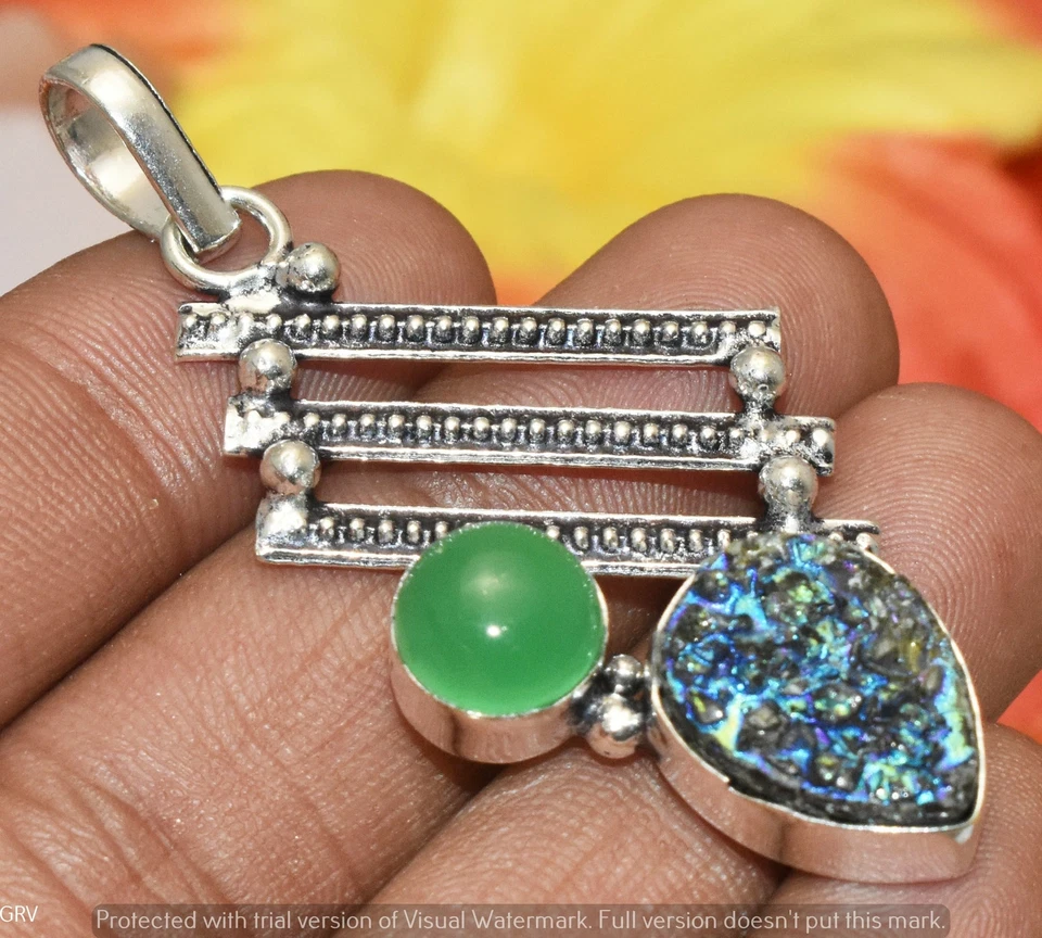 Colgante de piedras preciosas de titanio druso y ónix verde enchapado en plata 925 U312-A230 Foto 1 de 1