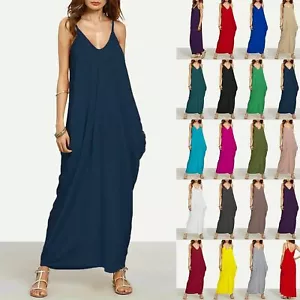 Ladies Womens Cami Thin Strappy Italian Drape Lagenlook Baggy Loose Maxi Dress - Picture 1 of 10