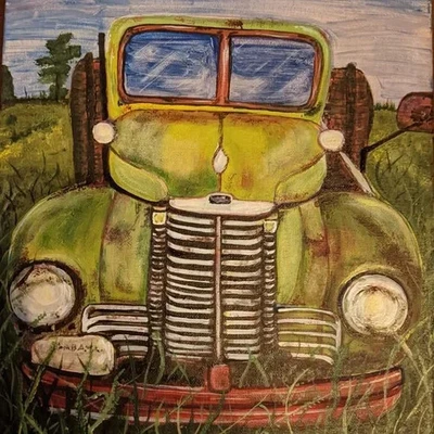 PINTURA ACRÍLICA ORIGINAL 10 x 12 em placa de lona 'Caminhão agrícola no campo' sem moldura - Imagem 1 de 4