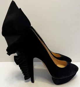Charlotte Olympia Black Velvet Satin Winged Platform Heels NEW Size 39 - Picture 1 of 9