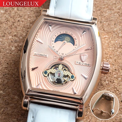 Reloj mecánico automático fase lunar oro rosa para hombre cuero blanco esfera 24 horas Foto 1 de 4