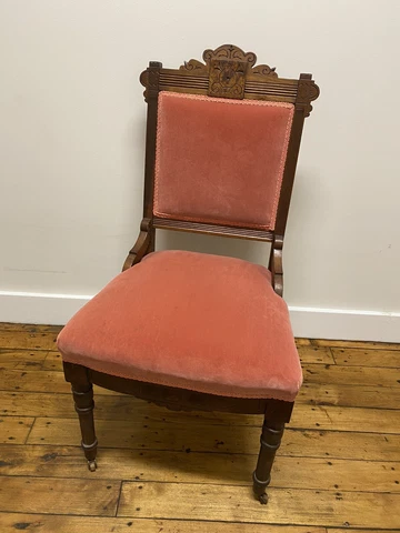 C.1895 Victorian Walnut PARLOR CHAIR ~ Beautiful Vintage Upholstery, Wood Wheels Cover