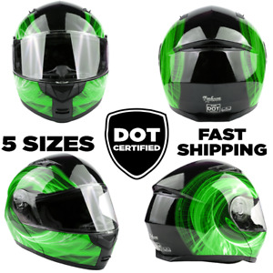 DOT Flip up Adult Green Swirl Modular Helmet Motorcycle Integrated Sun Visor