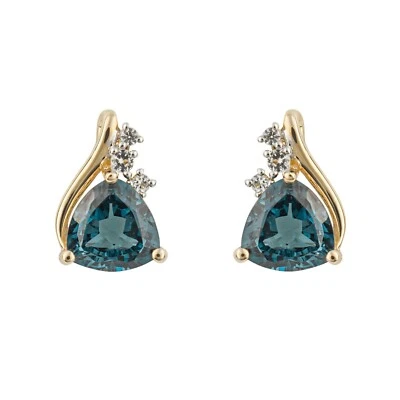 Trillón London Topacio Azul Pendientes 9ct Oro Amarillo 375 Ley Británico Hecho - Imagen 1 de 4