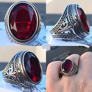 Mens Ring Red Stone AAA Zirconia Stone 925 Sterling Silver Size 7-15 - Picture 1 of 3