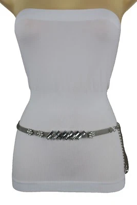 Cintura Elegante In Rete D'Argento Con Catene In Metallo E Perline A Fiore S M L - Immagine 1 di 4