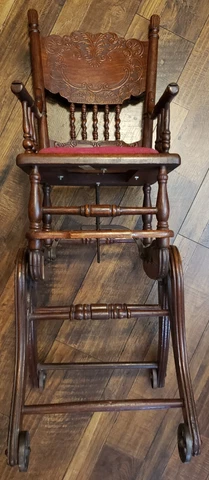 ANTIQUE  BABY HIGH CHAIR-ROCKER-STROLLER /CAST WHEEL Hand Cross Point Seat Cover