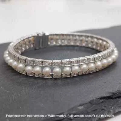Женский теннисный браслет круглый 3,40 карата белый жемчуг бриллиант 14K белое золото отделка - Изображение 1 из 4