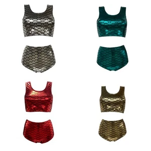 Metálico Verde Rojo Sirena Peces Escala Top Corto Bikni Fondo Rave Festival Ropa - Imagen 1 de 5