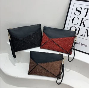 Shiny Envelop Clutch Faux Leather Club Crystal Evening Party Bag Handbag - Picture 1 of 12