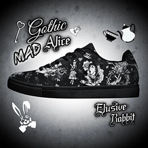 Gothic Mad Alice In Wonderland Trainers Flat Custom Heel Shoe 3 4 5 6 7 8 Black - Picture 1 of 12