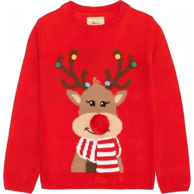 Christmas Reindeer Pom Pom Junior Christmas Jumper Red Kids Sweater Sweatshirt