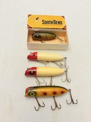 4 Vintage South Bend Wood Fishing Lures, 1 In Box, Bass & Babe Oreno - Image 1 of 4