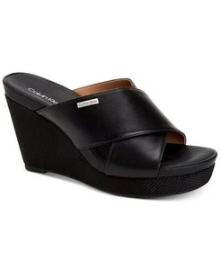 Calvin Klein Jacolyn Black Leather Sandals Size 8.5 Wedge New Tried On - Picture 1 of 23
