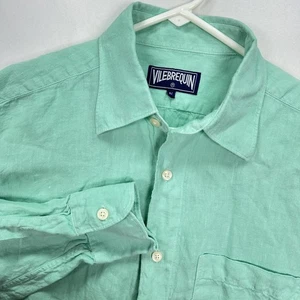 Vilebrequin Linen Shirt Mens Medium Mint Green Button Down Long Sleeve Pocket - Picture 1 of 8