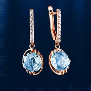Solid rose gold 585 blue briolette topaz, CZ dangle Earrings 6,03g - Picture 1 of 3