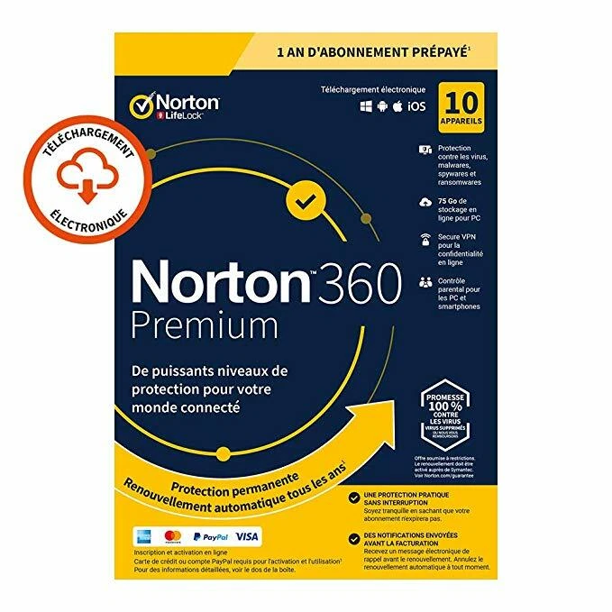 Norton 360 Premium 2025 10 App 10 PC 1 an PC MAC Internet Security FR EU 2024