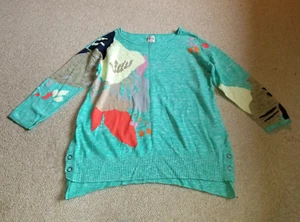 NWT Womens Sweater-NIC + ZOE-aqua/grey/green "Petal Burst" linen tunic 3/4 slv-S - Picture 1 of 6