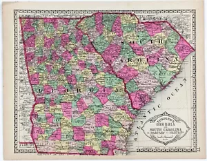 1887 Map GEORGIA - SOUTH CAROLINA Original (12x10) Tunison Atlas Page - Picture 1 of 4