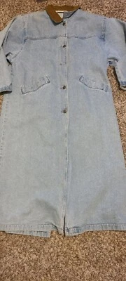 Vintage 80s Christopher & Banks Denim Trench Coat Womens Large Long Jean Jacket - Image 1 of 4