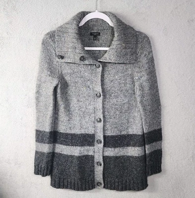 Talbots 羊毛混纺开衫毛衣灰色条纹纽扣前女式小号 — 第 1/4 张图片