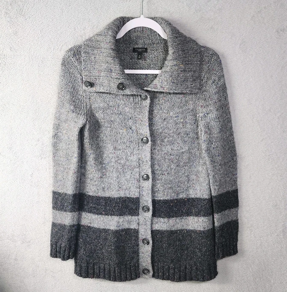 Talbots 羊毛混纺开衫毛衣灰色条纹纽扣前女式小号 — 第 1/4 张图片