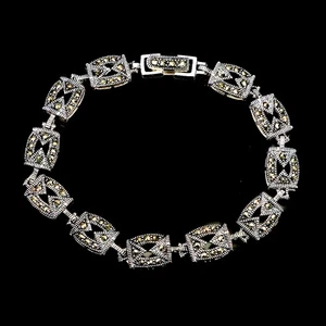 925 Sterling Silver Bracelet Round Marcasite Natural Gemstone Jewelry 7.5inches - Picture 1 of 13