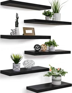 Wood Floating Shelves for Wall Wooden for Bedroom Set of 6 Black 17 Inch - Picture 1 of 7