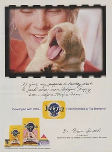 1997 Pedigree Dog Food - Lady Holds Newborn Yawning Puppy, Nap - Print Ad Photo - Picture 1 of 1