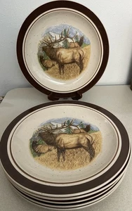6 Cabela’s Bugling Elk Speiseteller 11” Folkcraft Steinzeug rustikale Hütte Posten - Bild 1 von 12