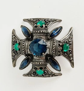 Vintage Florenza Green and Blue Glass Stone Maltese Cross Brooch Pin Pendant - Picture 1 of 5