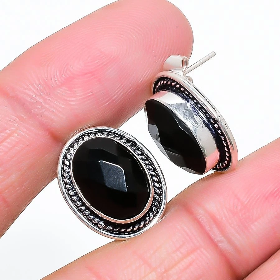 Black Spinel Gemstone 925 Sterling Silver Jewelry Stud Earring Size 0.75" - Image 1 of 1