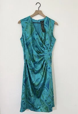 Lauren Ralph Lauren Dress Womens 8 Blue Paisley Faux Wrap Stretch Sleeveless NWT - Image 1 of 4