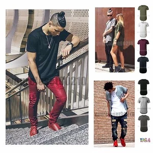 Men T-Shirt Crew Neck Plain Long Extended Casual Sports Fit Active Tee - Picture 1 of 48