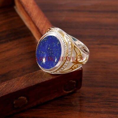 Anello In Argento Sterling 925 Con Gemma Naturale In Lapis Lazuli Per Uomo #4766 - Immagine 1 di 4