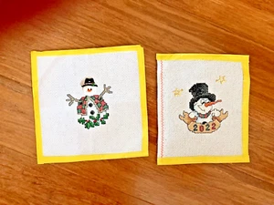 COMPLETED CROSS STITCH 2 CHRISTMAS ORNAMENT SQUARES SNOWMEN HANDSEWN NEW - Picture 1 of 3