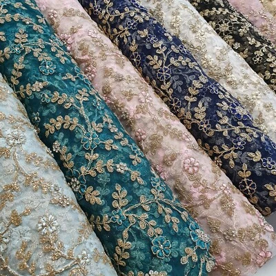 TEXTILESTATION Premium Mesh Net Material Floral Diamante Embroidery Dress Craft Fabric 44"