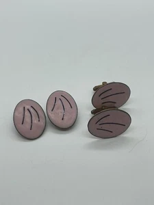 Pink Oval Cufflinks & Clip On Earring Set Copper Tone VINTAGE His & Hers Set - Picture 1 of 7