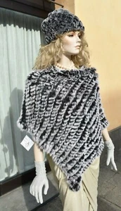 PONCHO invernale donna caldo elegante in pelliccia lapin rex grigio - Foto 1 di 4