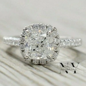 Solid 14k White Gold VVS1 Real Moissanite Halo Engagement Ring 3 CT Cushion Cut - Picture 1 of 7